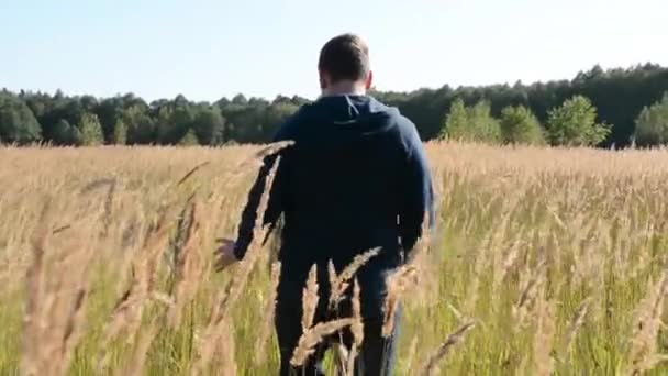 Jovem Caminhando e levantando as mãos no campo — Vídeo de Stock