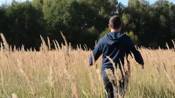 Νεαρός περπάτημα και αυξάνοντας τα χέρια στο πεδίο — Αρχείο Βίντεο