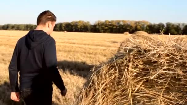 Man jumping on haystack — Stock Video