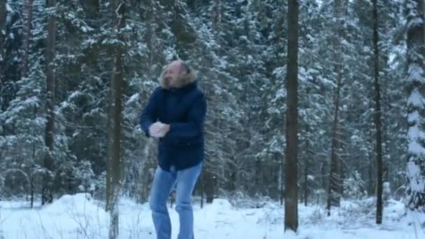Людина Лісі Пні Кидаючи Сніжки Стрибки Пенька — стокове відео