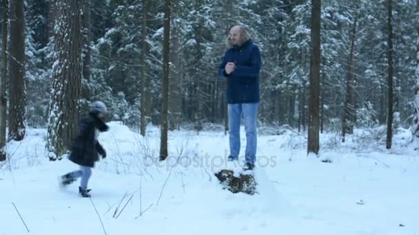 Άνθρωπος Μέσα Στο Δάσος Ένα Κούτσουρο Ρίχνοντας Χιονόμπαλες Πηδώντας Από — Αρχείο Βίντεο