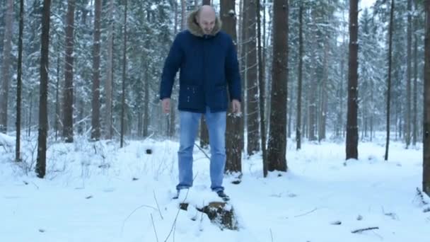 Человек Лесу Пне Бросает Снежки Джей Оплошности — стоковое видео