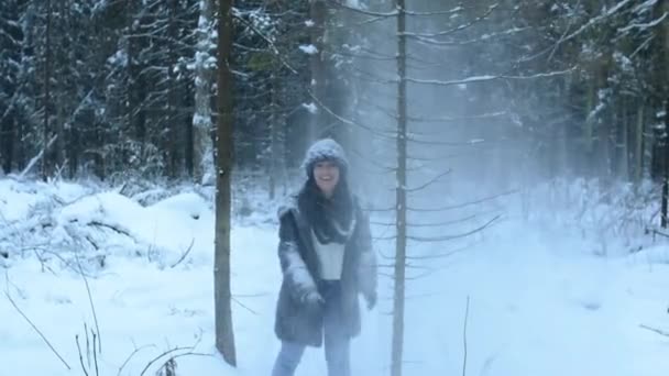 Chica divertida juguetona tonteando en la nieve y pasea por el bosque. Caída de nieve . — Vídeo de stock
