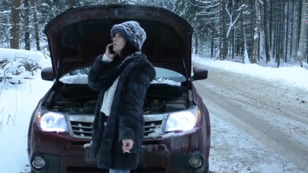 森林における冬の道路上の車のトラブルを持つ女性 電話で話してください — ストック動画