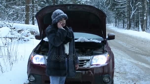 Mulher Com Problemas Carro Uma Estrada Inverno Floresta Falar Telefone — Vídeo de Stock