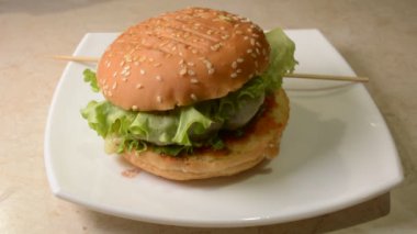 Ev yapımı hamburger plaka üzerinde. Götürün ve yemek