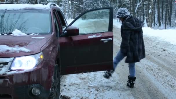朋友在汽车在森林冬天路 — 图库视频影像