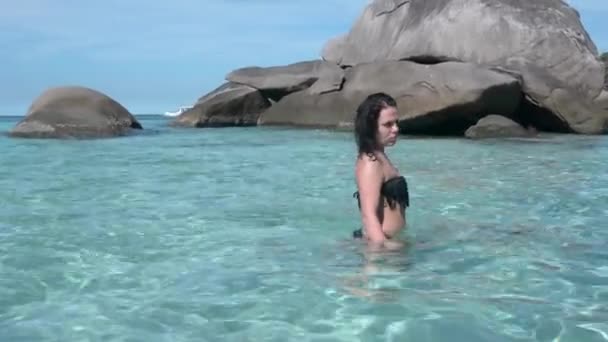 Güzel Esmer Kız Tropik Ada Şeffaf Suda Yüzüyor Similan Islands — Stok video