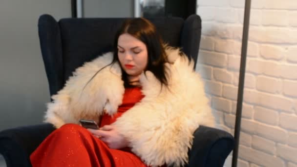 在红色扶手椅上的毛皮斗篷模型 — 图库视频影像