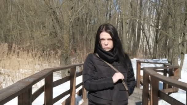 Close Retrato Elegante Jovem Mulher Bonita Parque Inverno Sobre Fundo — Vídeo de Stock