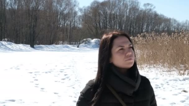 在冰雪背景下的冬日公园里 合上时尚年轻美女的肖像 看着冬季公园的摄影机 正在下雪 美丽的年轻女子在冬天散步 — 图库视频影像