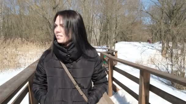 Close Retrato Elegante Jovem Mulher Bonita Parque Inverno Sobre Fundo — Vídeo de Stock