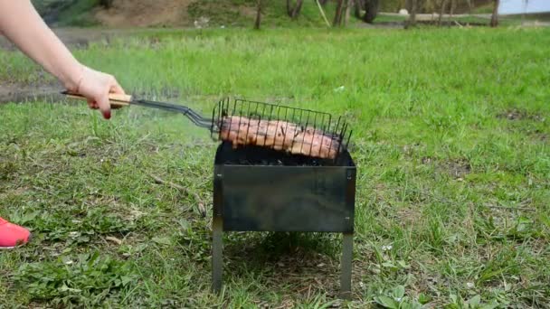 Odun kömür ızgara barbekü et. iştah açıcı sıcak şiş kebap metal şiş üzerinde yemek. Kabuk ile lezzetli et parçaları. Yemek ızgara. Portre — Stok video