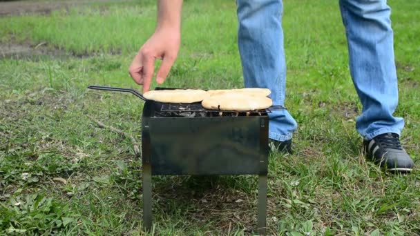 Grigliate di carne barbecue su carbone a legna. cuociono lo spiedino fatto di pezzi di carne e verdura shish caldo appetitoso su spiedi in metallo. Pezzi di carne saporiti con crosta. Cibo grigliato. Primo piano — Video Stock