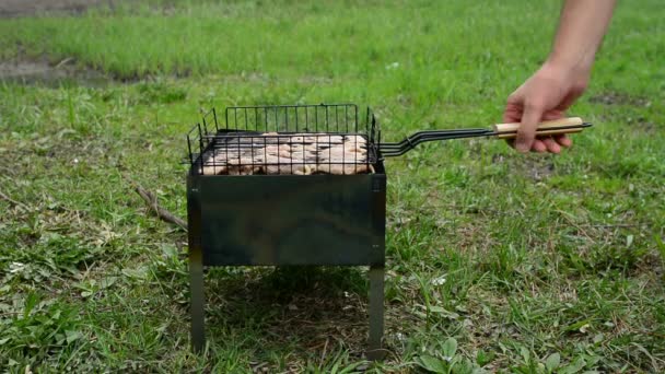 Het grillen van vlees van de barbecue op houtskool. koken smakelijk warm shish kebab op metalen spiesen. De stukken van het smakelijke vlees met korst. Grillen voedsel. Closeup — Stockvideo