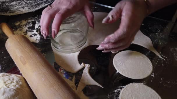 Готовить Домашние Пельмени Девушка Выкатывает Бабки Приготовления Пельменей Домашняя Кухня — стоковое видео