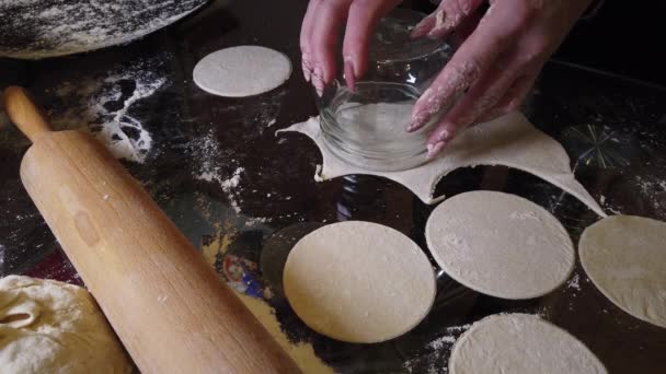 Μαγειρεύω Σπιτικά Ζυμαρικά Κορίτσι Ανοίγει Ζυμάρι Για Μαγείρεμα Dumplings Σπιτικό — Αρχείο Βίντεο