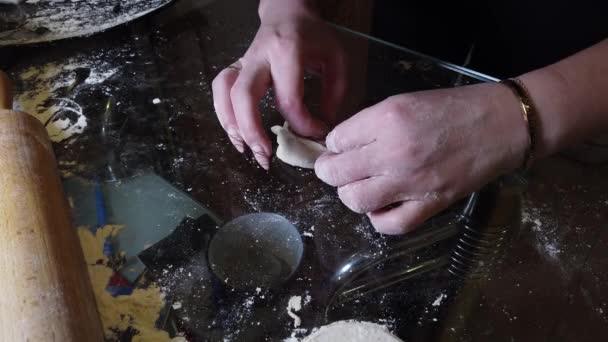 Rolling Out Dough Rolling Pin Kitchen Table Thin Cake Making — Stock Video