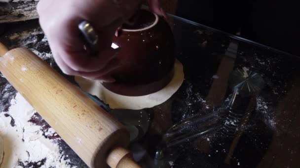 女性はテーブルの上の生地にいくつかの小麦粉を追加 一歩一歩手作り餃子ガイド — ストック動画