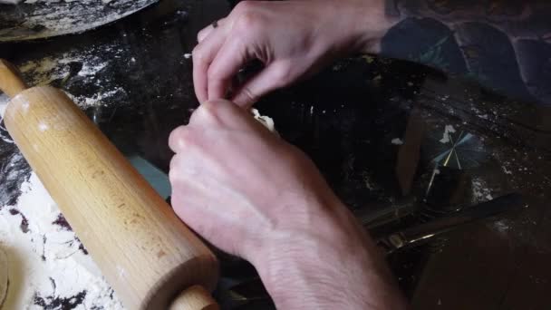 Woman Adds Some Flour Dough Table Step Step Cooking Homemade — Stock Video