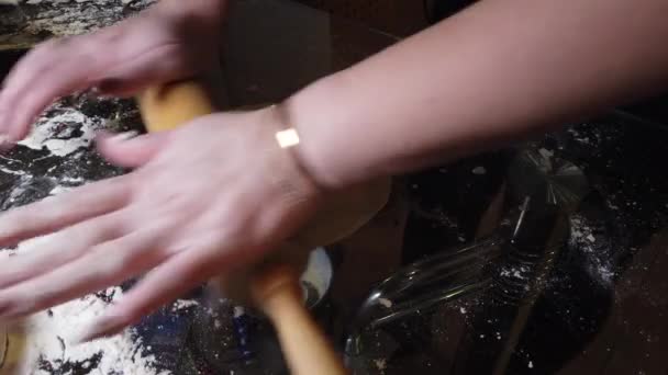 Woman Adds Some Flour Dough Table Step Step Cooking Homemade — Stock Video