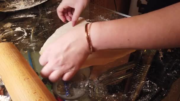 Traditional Russian Pelmeni Ravioli Dumplings Meat Girl Sculpts Glass Table — Stock Video