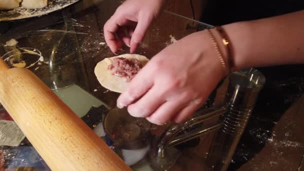 Traditional Russian Pelmeni Ravioli Dumplings Meat Girl Sculpts Glass Table — Stock Video