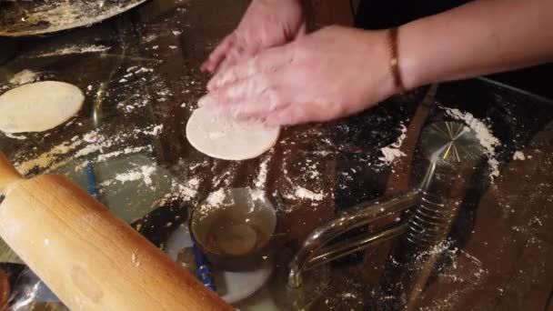 Geleneksel Rus Pelmeni Ravioli Etli Hamur Tatlısı Cam Masaya Kız — Stok video