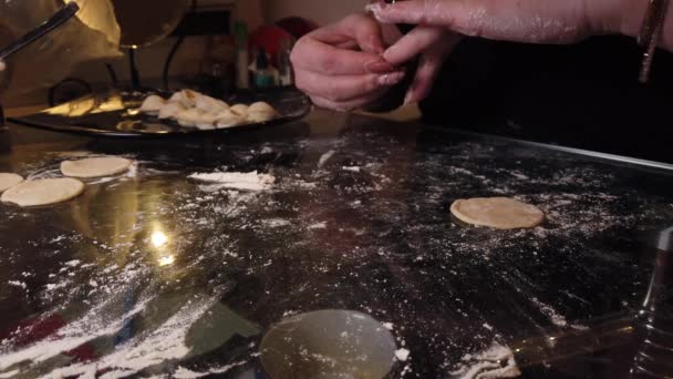 Traditional Russian Pelmeni Ravioli Dumplings Meat Girl Sculpts Glass Table — Stock Video