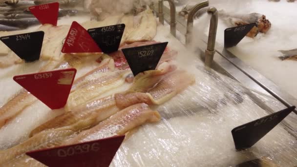 Poisson Frais Est Refroidi Sur Comptoir Supermarché Poisson Cru Frais — Video