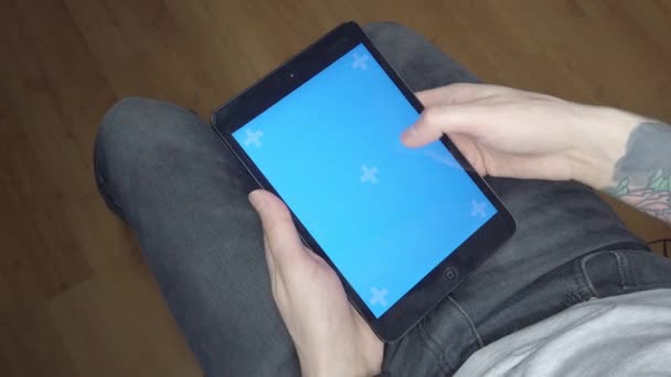 Man Uses Tablet Blue Screen Tablet — Stock Video