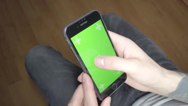 Man Uses Mobile Phone Green Screen Your Phone — Stock Video