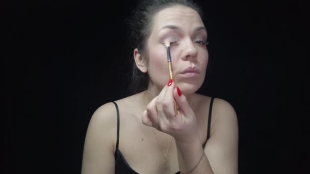 Girl Makes Herself Make Paints Her Eyes Eyebrows Puts Powder — Stock Video