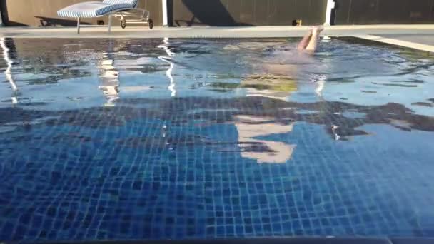 Chica Nada Piscina Del Hotel Chica Relaja Junto Piscina — Vídeos de Stock