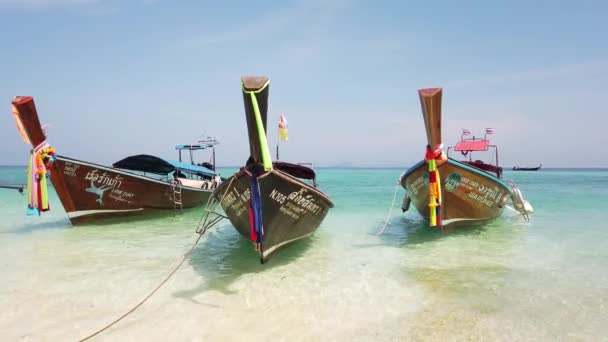 Barcos Cola Larga Tailandeses Tradicionales Amarrados Frente Costa Una Hermosa — Vídeo de stock