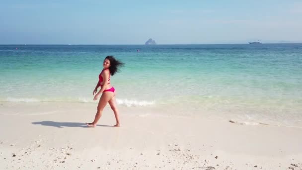 女孩黑发走在一个无人居住的岛上的海滩上 岛上有碧水 — 图库视频影像