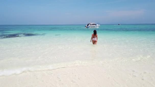 Esmer Kız Issız Bir Adanın Kumsalında Masmavi Suyla Yürüyor — Stok video