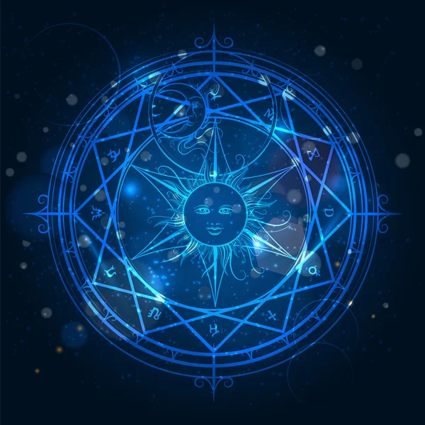 Волшебный круг алхимии на синем фоне — стоковый вектор