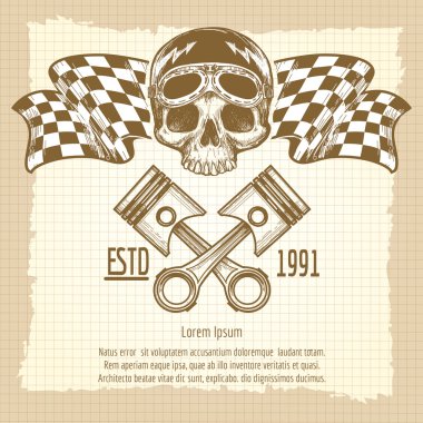 Vintage motosiklet binici kafatası taslağını