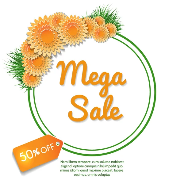 Mega venta banner con flores de color naranja — Vector de stock