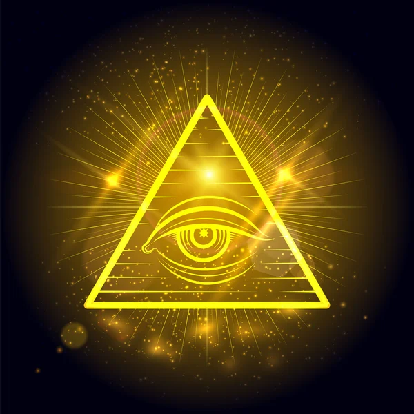 Masonic eye on golden shining background — Stock Vector