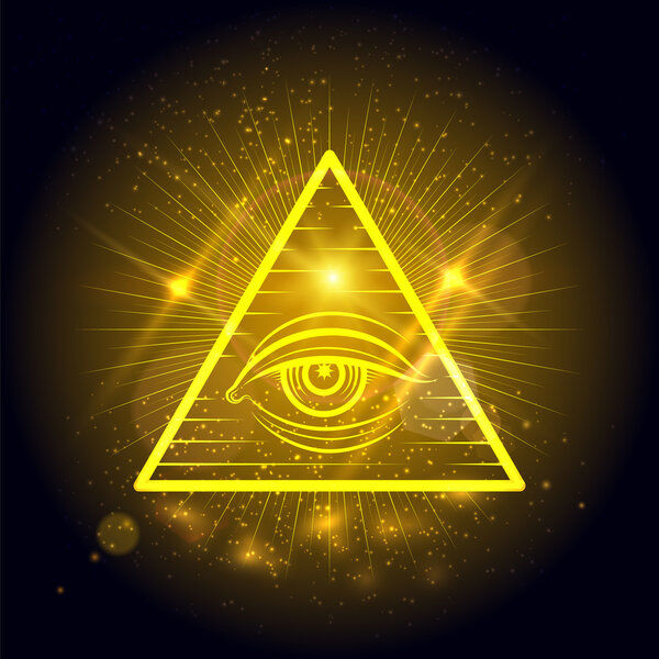 Masonic eye on golden shining background