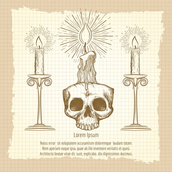 Crâne et bougies sur la page vintage — Image vectorielle