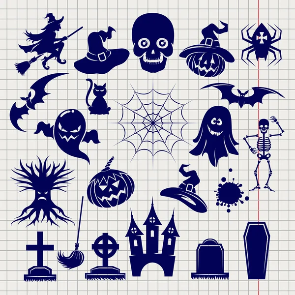 Elementos de Halloween boceto en el fondo del cuaderno — Vector de stock