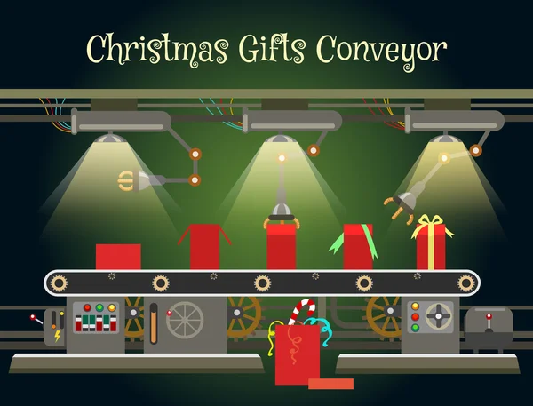 Christmas gift wrapping machine conveyor — Stock Vector