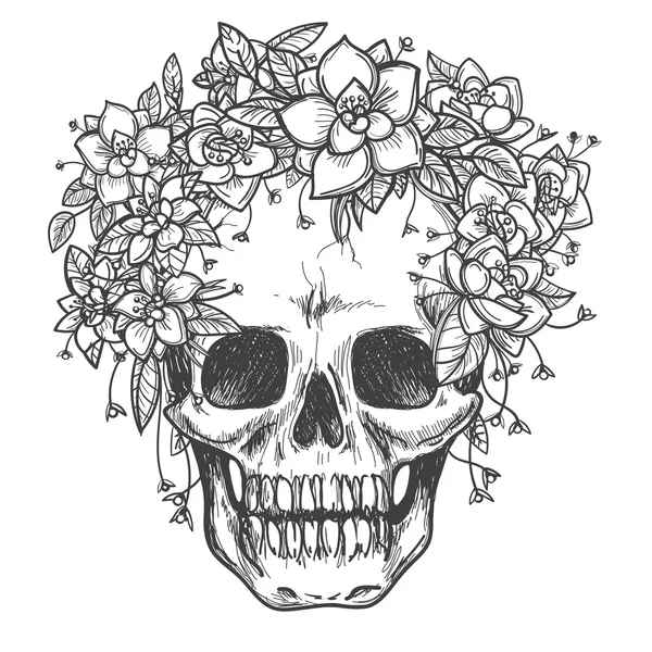 Calavera muerta con flores de rosa boceto — Vector de stock