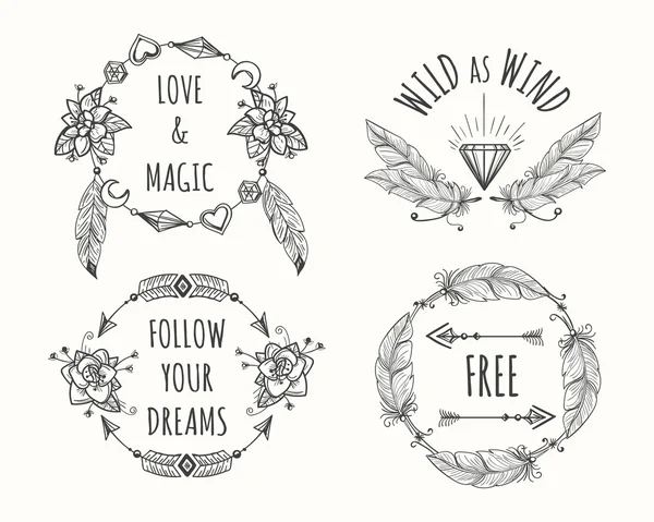 Boho tribal logo set met veren — Stockvector