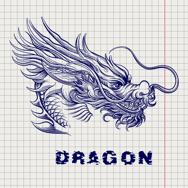 Esbozo de cabeza de dragón en la página del cuaderno — Archivo Imágenes Vectoriales