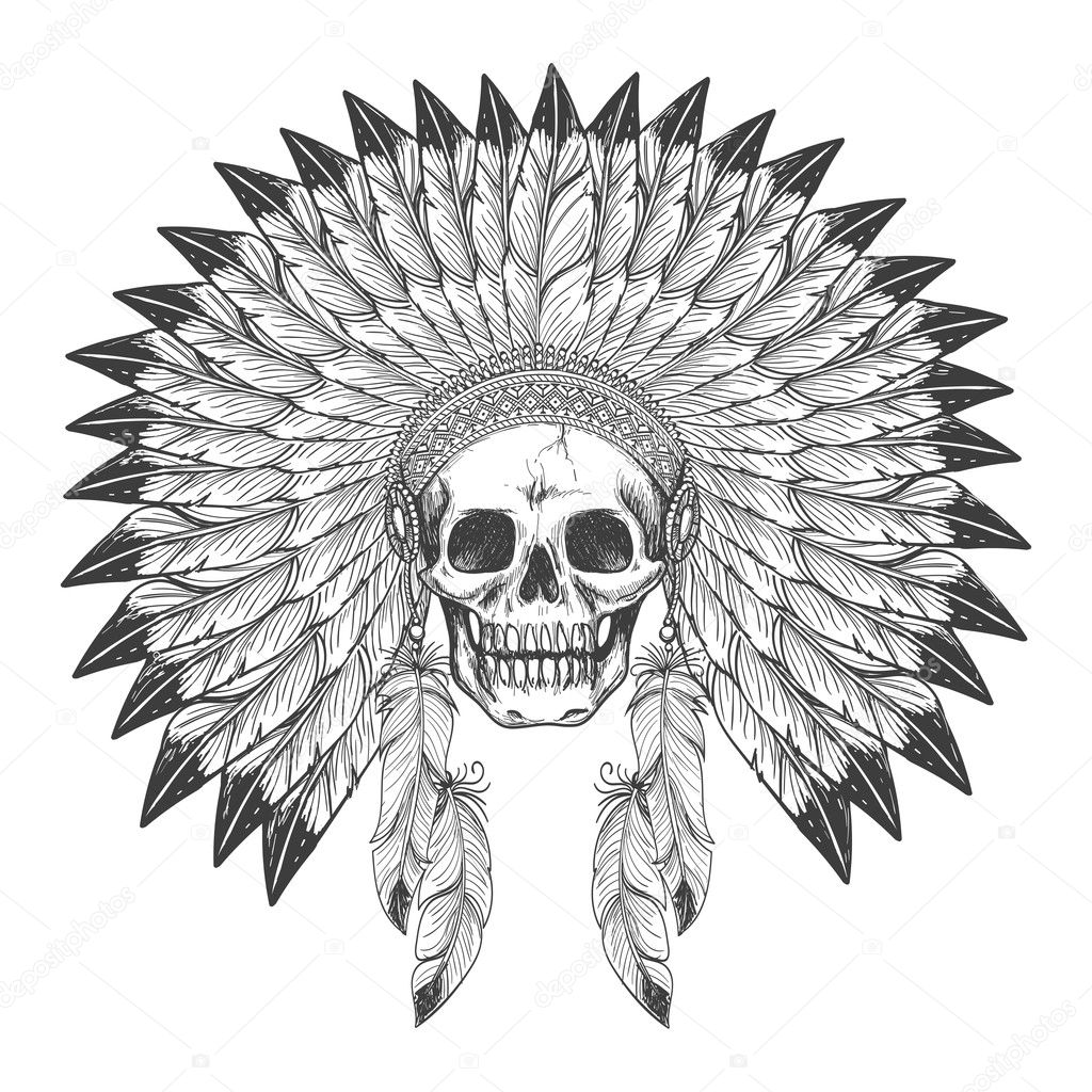 Native american indian skull with headdress