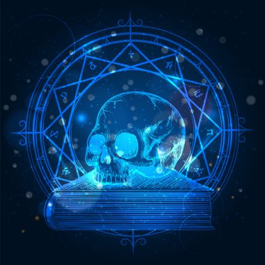 Kafatası ve arka plan parlayan üzerinde kitap